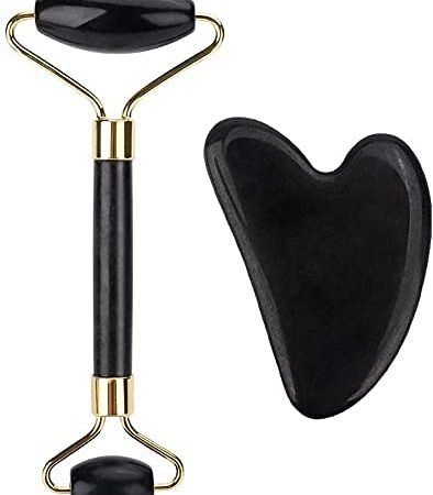 Rose Quartz Jade Face Roller With Gua Sha Set, 100% Natural Himalayan Rose Stone For Facial Massager For Women & Men (Jade Roller & Gua Sha Black)