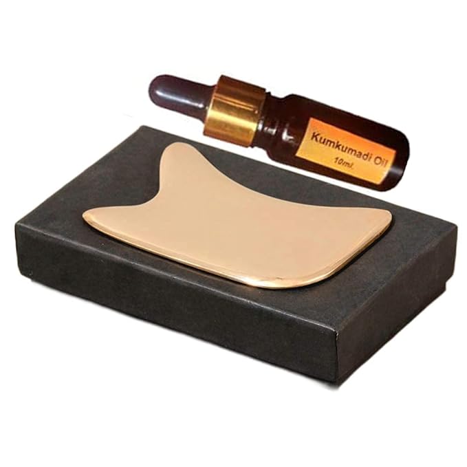 Bronze Kansa Gua Sha Massage Tool Soft Tissue Therapy | Tendon Massage Scraping Muscle Pain Relief, Myofascial Stress Release and Breaking up Scar Tissue With KumKumadi Oil (R Shaped)