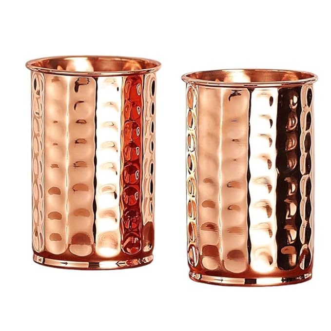 Handcrafted Hammered Pure Copper Tumbler Set of 2 – Drinkware with Intricate Golden Elephant Motifs – Stylish Water Glasses for Home & Décor