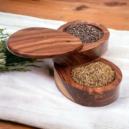 Wooden Salt Box for Kitchen or Dining Table Spice and Herb Container | Double Swivel Wooden Compartment for Salt & Pepper| Wooden Salt Cellar (5.75 x 4 x 3.75 inch)