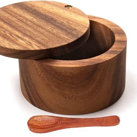 Wooden Salt Box For Kitchen, Dining Table Spice And Herb Container | Single Compartment For Salt & Pepper, Jar & Container (3.5 X 2.5 In) With Spoon, 200 Kilogram