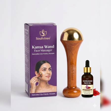 Kansa Wand Face Massager Wooden Handle with Kumkumadi Face Oil 10ml