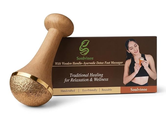 Kansa Vati Foot Massager, Kansa Wand designed for foot massage featuring a teak wooden handle