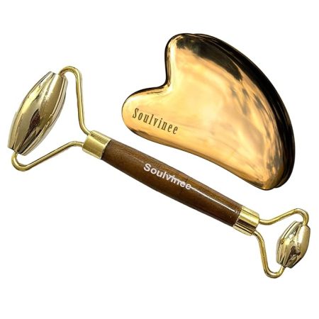 Kansa, Bronze Roller for Face-Natural Handmade-Crafted Facial Massager Skin Tool for Anti Aging Skincare (Wooden Handle With Kansa Heart Shape Gua Sha)