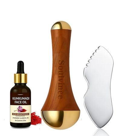 Kansa Wand Face Massager Combo with Stainless Steel Gua Sha & Kumkumadi Face Oil 10ml