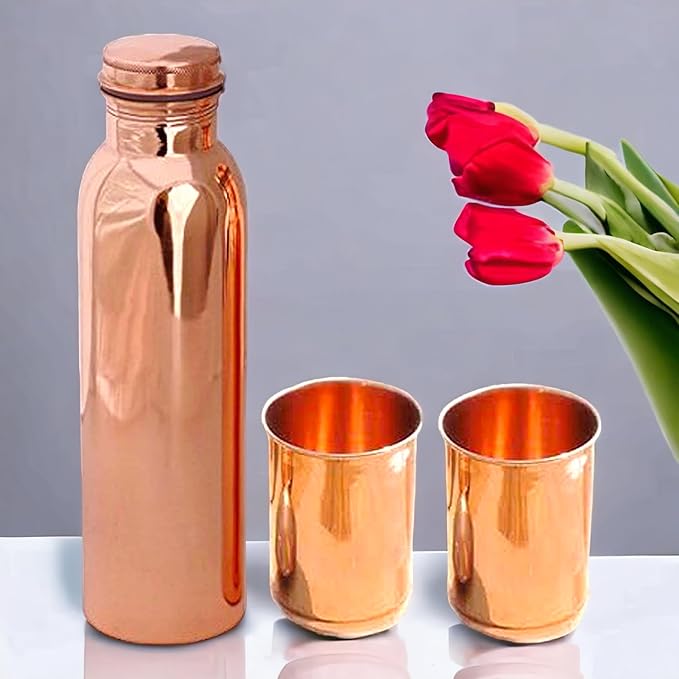 Pure Copper 1 Litre Water Bottle with 2 Copper Glass Drinkware Gift Set (1000 ML Bottle, 300 ML Glass)
