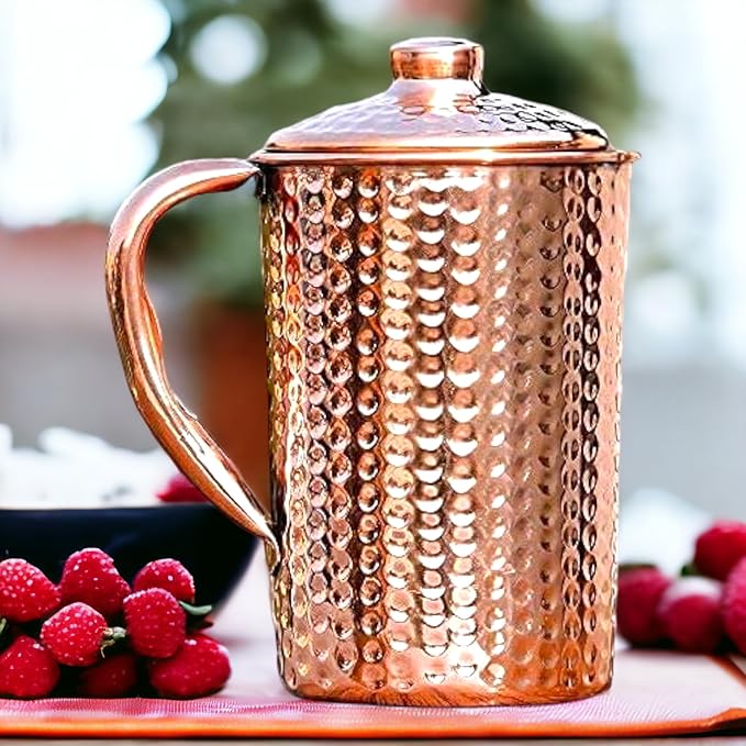 Villa Pure Copper Drinkware Gift Set of 1 Jug & Glass with Gift Box & Hammered Design, Gift Item for Diwali, Bithday & Parties, Jug (Hammered)